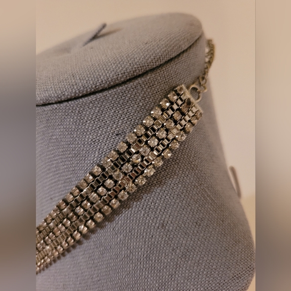 Vintage Three Clear Rhinestone Line Silver Necklace - Picture 6 of 7